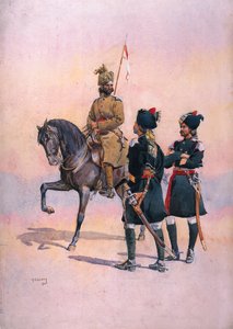 37 वें लांसर्स (बलूच हॉर्स) बलूच के सैनिक, 36 वें जैकब के हार्स पठान और 35 वें सिंडी हॉर्स, कोट दफादार बलूच, मेजर जीएफ मैकमोहन द्वारा &39;भारत की सेनाओं&39; के लिए चित्रण, में प्रकाशित