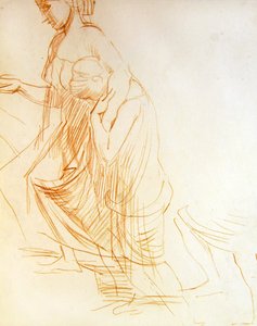 दो आकृतियों का अध्ययन, एक खड़ा और एक घुटना टेककर, c.1850 (कागज पर लाल चाक) (छंद के लिए 366413 देखें)