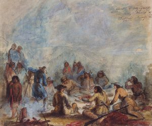 बफ़ेलो हंप रिब के अपने भोजन में सूर्योदय, ट्रैपर्स और यात्री, c.1837 (कागज पर जल रंग) द्वारा अल्फ्रेड जैकब मिलर