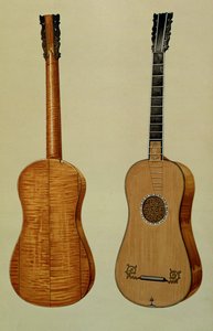 एंटोनियो स्ट्राडिवेरियस द्वारा बनाया गया गिटार (c.1644-1737), &39;म्यूजिकल इंस्ट्रूमेंट्स&39; (रंगीन लिथो) से द्वारा अल्फ्रेड जेम्स हिपकिंस