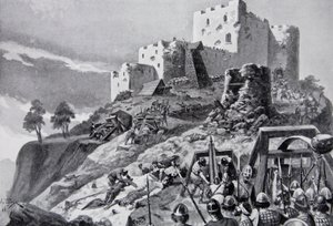 1095 में मोंटगोमरी कैसल पर वेल्श का हमला, कैडवगन एपी ब्लेडिन, प्रिंस ऑफ पॉविस के नेतृत्व में, 'हचिन्सन स्टोरी ऑफ द ब्रिटिश नेशन' से चित्रण, c.1923 (लिथो)