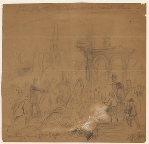 1871 के शिकागो फायर के बाद एक तिजोरी के लिए खंडहर की खोज (कागज पर पेंसिल और चाक) द्वारा अल्फ्रेड रुडोल्फ वुड