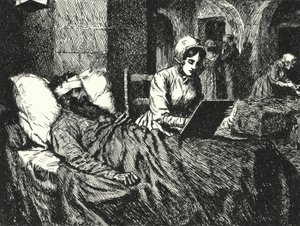 1855 में स्कूटरी के अस्पताल में क्रीमियन युद्ध में घायल एक सैनिक के लिए एक पत्र लिखते हुए अंग्रेजी नर्स फ्लोरेंस नाइटिंगेल
