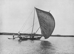 नेगोंबो लेक पर पूर्ण पाल में आउटरिगर कैनो, c1890, 1910