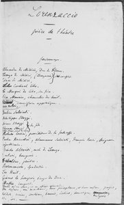 Enz लोरेंजियाको ’की मूल पांडुलिपि, पात्रों की सूची, 1834