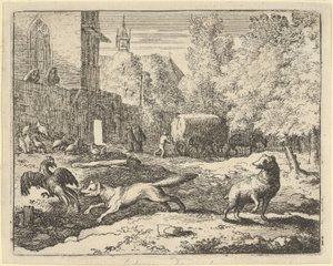 रेनार्ड एक मुर्गा खोजना चाहता है, 1650-75। द्वारा एलर्ट वैन एवरडिंगन
