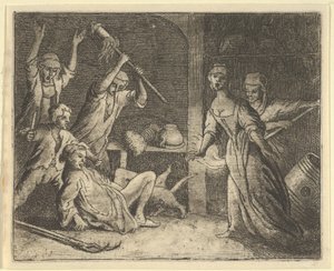 बिल्ली, एक जाल में फंसी, सदन के लोगों द्वारा गलत व्यवहार किया जाता है, 1650-75।