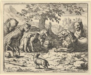 रेनार्ड की सजा के लिए शेर अन्य जानवरों की सलाह लेता है, 1650-75।