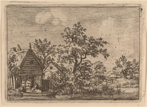 एक झोपड़ी के सामने दो पीपे, शायद c. 16451656.