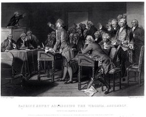 पैट्रिक हेनरी ने मार्च 1775 में वर्जीनिया विधानसभा को संबोधित करते हुए हेनरी ब्रायन हॉल (1808-84), 1856 को उकेरा द्वारा अलोंजो चैपल