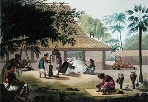 घरेलू गतिविधियां, कूपांग, तिमोर, 'ए वॉयज अराउंड द वर्ल्ड ऑन द कॉर्वेट्स ऑफ यूरेनिया 1817-20' से, फॉरगेट द्वारा उकेरी गई, 1825 में प्रकाशित (उत्कीर्णन) द्वारा अल्फोंस (बाद में) पेलियन