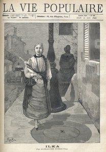 एक साधारण और प्रतिष्ठित युवती, सिर पर बालों वाली, छाता पकड़े हुए, गली में आत्मविश्वास के साथ चलती है। उसके पीछे, काले कपड़े पहने एक महिला और बैरल लिए एक अड़चन उनकी यात्रा जारी रखती है। अल्फोंस मारिया मुचा (अल्फोंस मार) द्वारा चित्रण द्वारा अल्फोंस मुचा