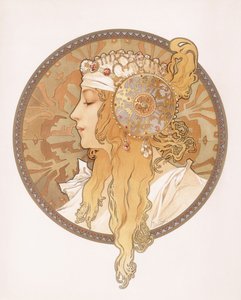 एक गोरा युवती का बीजान्टिन सिर; एक गोरा महिला का बीजान्टिन सिर, c.1897 द्वारा अल्फोंस मुचा