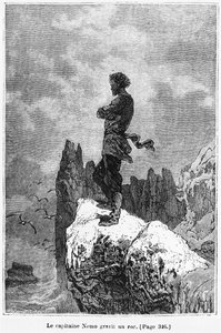 जूल्स वर्ने (1828-1905) द्वारा हेनरी थियोफाइल हिल्डिब्रैंड (1824-97) पेरिस, हेत्ज़ेल द्वारा उत्कीर्ण, 1877 (बी) से कैप्टन नेमो एक चट्टान पर चढ़ते हुए, &39;20, 000 लीज द सीज़ द सी &39;के तहत चित्रण।