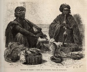 लेस चार्मर्स डी सर्पेंट्स, जो सरीसृपों का व्यापार करते हैं, जिन्हें वे अपने टौमरिल (बांसुरी) में फूंककर आकर्षित करते हैं, ए डी न्यूविल के चित्र के बाद उत्कीर्णन, 1864-1868 में लुई रूसेलेट द्वारा, राजाओं के भारत की यात्रा को दर्शाते हुए, प्रकाशित में " द्वारा अल्फोंस मैरी डी न्यूविल