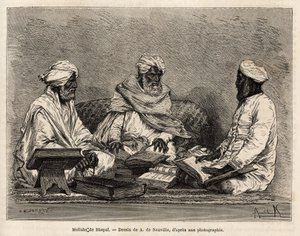 लेस मुल्लास डे ला मस्जिद डी भोपाल, मुस्लिम धर्म के विवादास्पद बिंदुओं की पूरी चर्चा में, ए डी न्यूविल के चित्र के बाद उत्कीर्णन, 1864-1868 में राजाओं के भारत में यात्रा का चित्रण, लुई रूसेलेट द्वारा, में प्रकाशित "" ले तो द्वारा अल्फोंस मैरी डी न्यूविल