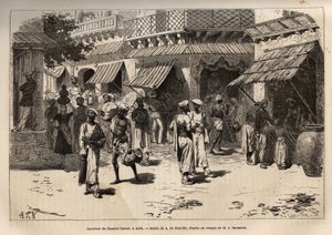 चांदनी चौक का चौराहा, सोने के कीड़ों की सड़क, वाणिज्यिक और शिल्प गतिविधियों का मुख्य मार्ग, जो महल के भव्य द्वार से लाहौर के द्वार तक देहली को पार करता है, ए डी न्यूविल के चित्र के बाद उत्कीर्णन, यात्रा का चित्रण करता है