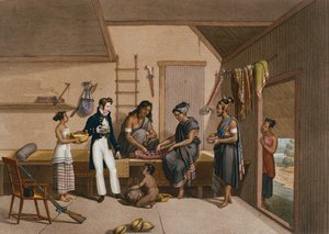 तेरंग में एक सभा का इंटीरियर, तिमोर, &39;यात्रा अराउंड द वर्ल्ड ऑफ कॉरवेट ऑफ यूरेनिया 1817-20&39; से, जो 1825 में प्रकाशित किया गया था, लेरॉज और फ़ॉरगेट द्वारा उकेरा गया था द्वारा अल्फोंस पेलियन