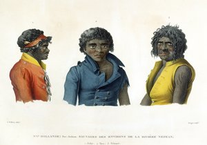 पोर्ट जैक्सन, न्यू हॉलैंड: नदी नेपियन क्षेत्र के मूल निवासी, &39;अराउंड द वर्ल्ड ट्रैवल कॉरवेट ऑफ यूरेनिया 1817-20&39;, फोर्ज द्वारा उत्कीर्ण, 1825 प्रकाशित द्वारा अल्फोंस पेलियन