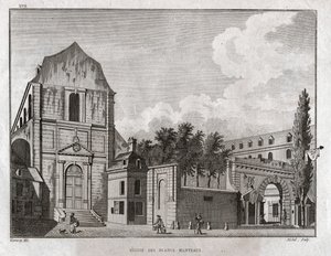 पेरिस में मरैस जिले में ब्लैंक्स मंटियो का चर्च। लगभग 1780 (उत्कीर्णन) द्वारा एम्ब्रोज़ लुई गार्नेरे