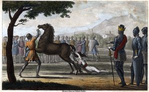 ऑस्ट्रेशिया की रानी ब्रूनहिल्डा की मृत्यु, एक विसिगोथिक राजकुमारी, ऑस्ट्रेशिया के राजा सिगेबर्ट I से शादी की - क्लॉटेयर (क्लोथेयर) II (613) द्वारा आदेशित ब्रुनेहौट (या ब्रुनेहिल्डे) की मृत्यु। 1825 में एम्ब्रोज़ टार्डियू द्वारा ड्रा और कब्र।