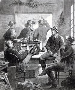 11 जुलाई 1874 को &39;हार्पर वीकली&39; से एक कंसास लैंड ऑफिस द्वारा अमेरिकी स्कूल