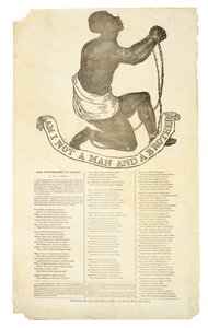क्या मैं एक आदमी और एक भाई नहीं हूँ ?, c. 1837 (वोव पेपर पर लकड़ी की नक्काशी) द्वारा अमेरिकी स्कूल