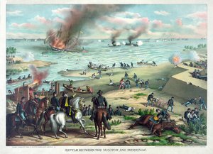 मॉरफिक और मेरिमैक के बीच लड़ाई, 9 मार्च 1862 को नॉरफ़ॉक, वर्जीनिया, पब के पास हैम्पटन रोड्स में। कुर्ज़ एंड एलीसन, c.1889 द्वारा अमेरिकी स्कूल
