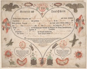 मारिया कैथरीना राउप c.1806 (कागज पर पानी के रंग के साथ कलम और स्याही) के लिए जन्म और बपतिस्मा प्रमाण पत्र (गेबर्ट्स अंड तौफ्शेन) द्वारा अमेरिकी स्कूल
