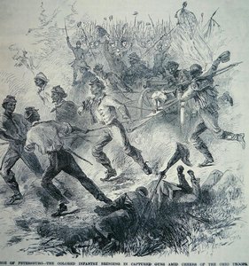 पीटर्सबर्ग की घेराबंदी (1864-65) (लिथो) के दौरान केंद्रीय सेना के ब्लैक ट्रूप्स कैप्चर की गई बंदूकें लेकर आए द्वारा अमेरिकी स्कूल