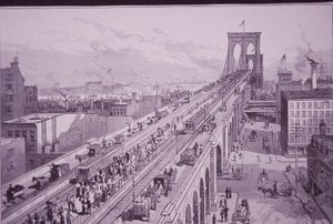 उद्घाटन समारोह के ठीक बाद ब्रुकलिन ब्रिज, 26 मई 1883 को प्रकाशित (उत्कीर्णन) द्वारा अमेरिकी स्कूल
