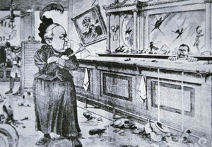 कैरी नेशन विद उसकी हैचेट, c.1905 (लिथो) द्वारा अमेरिकी स्कूल