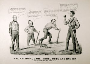 1860, 1860 के राष्ट्रपति चुनाव में अब्राहम लिंकन (1809-65) ने अपने विरोधियों डगलस, बेल और ब्रेकेनरिज के खिलाफ बॉल जीतते हुए कार्टून दिखाया द्वारा अमेरिकी स्कूल