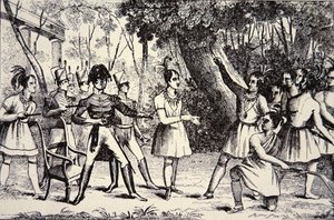 चीफ टेकुमसेह (1768-1813) जनरल हैरिसन (1773-1841) (उत्कीर्णन) को धता बताते हुए द्वारा अमेरिकी स्कूल