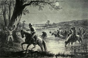 1862 में मैरीलैंड पर आक्रमण के दौरान पोटोमैक नदी के कनफेडरेट आर्मी क्रॉसिंग फ़ोर्ड्स (लिथो) द्वारा अमेरिकी स्कूल