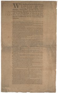 संविधान, पहला मुद्रण, डनलप और क्लेपोले द्वारा मुद्रित, 17-19 सितंबर 1787 (पृष्ठ पर जीएलसी 695934 देखें) द्वारा अमेरिकी स्कूल