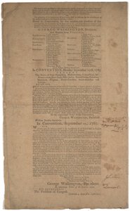 संविधान, पहला मुद्रण, डनलप और क्लेपोले द्वारा मुद्रित, 17-19 सितंबर 1787 (जीएलसी 695933, जीएलसी 695934 और जीएलसी 695935 देखें) द्वारा अमेरिकी स्कूल