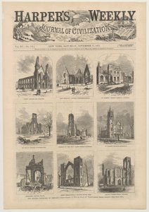 11 नवंबर, 1871 को शिकागो के बर्बाद चर्चों के दृश्य दिखाते हुए हार्पर्स वीकली कवर