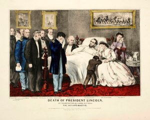 वाशिंगटन, डीसी, 15 अप्रैल 1865, पब में राष्ट्रपति लिंकन की मृत्यु। 1865 रंग लिथोग्राफ द्वारा अमेरिकी स्कूल