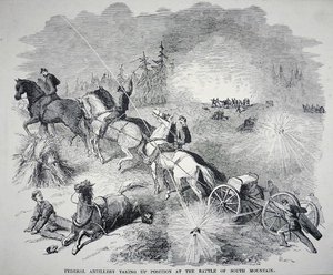 सितंबर 1862 (उत्कीर्णन) दक्षिण पर्वत की लड़ाई में स्थिति लेते हुए संघीय तोपखाने द्वारा अमेरिकी स्कूल