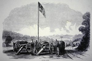 अमेरिकी गृहयुद्ध (1861-65) (लिथो) के दौरान रेलमार्ग की सुरक्षा के लिए संघीय रेत-बैग बैटरी द्वारा अमेरिकी स्कूल