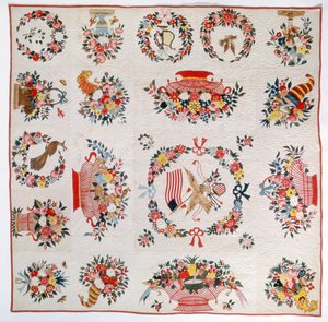 झंडा और फूल रजाई, c.1860 (कपास) द्वारा अमेरिकी स्कूल
