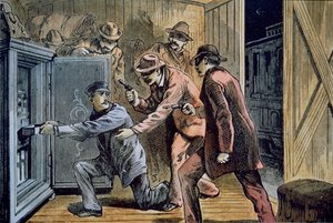फ्रैंक और जेसी जेम्स गैंग ने 1879 में एक ट्रेन की एक्सप्रेस कार लूट ली (कलर लिथो) द्वारा अमेरिकी स्कूल