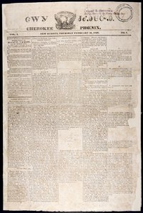 चेरोकी फीनिक्स से फ्रंट पेज, 21 फरवरी, 1828 (प्रिंट) द्वारा अमेरिकी स्कूल
