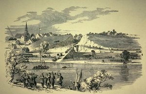 जनरल बैंक का (1816-94) यूनियन डिवीजन विलियमस्पोर्ट, मैरीलैंड से पोटोमैक को पार करते हुए, 1862 में जनरल जैक्सन (1824-63) के तहत कॉन्फेडरेट सेना पर हमला करने के लिए (लिथो) द्वारा अमेरिकी स्कूल