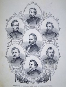 जनरल विलियम टेकुमसेह शर्मन (1820-91) और उनके कुछ केंद्रीय सेना कमांडर (उत्कीर्णन) द्वारा अमेरिकी स्कूल