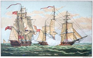 1812 के युद्ध के दौरान 1813 में एचएमएस शैनन बनाम अमेरिकी चेसापीक (रंग लिथो) द्वारा अमेरिकी स्कूल