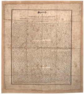 जेफर्सन पहले उद्घाटन भाषण, पेचिनी, बाल्टीमोर द्वारा मुद्रित, 4 मार्च 1801 (रेशम पर लिथो) द्वारा अमेरिकी स्कूल