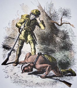 जेम्स फेनिमोर कूपर (1789-1851) 1826 (रंगीन उत्कीर्णन) द्वारा 'लास्ट ऑफ द मोहिकन्स' द्वारा अमेरिकी स्कूल