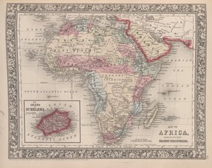 अफ्रीका का मानचित्र, मिचेल के नए जनरल एटलस, 1863 (रंग उत्कीर्णन) से सेंट हेलेना इनसेट के द्वीप के साथ अपनी सबसे हाल की खोजों को दर्शाता है